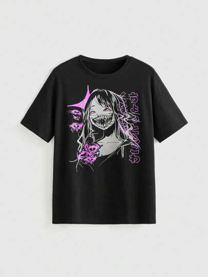 Anime Camiseta de manga corta con estampado de cómic de horror, camiseta casual de verano para mujer