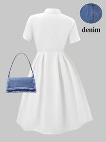 SHEIN 少女休闲优雅度假连衣裙，衬衫领牛仔布拼接肩带二合一白色连衣裙，适合户外度假，春夏季学校女生装 - 白色 - 查看 2