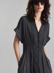 Ontre 2025新款女士纯色V领蝙蝠袖褶裥单排扣休闲连衣裙，优雅夏季中长连衣裙，毕业礼服，度假海滩音乐节休闲连衣裙，圣诞节服装，秋冬新年服装 - 藏蓝色 - 查看 3