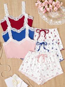 CottageSlumber 3件套浪漫印花撞色蕾丝女士吊带背心和短裤睡衣套装 - 彩色 - 查看 1