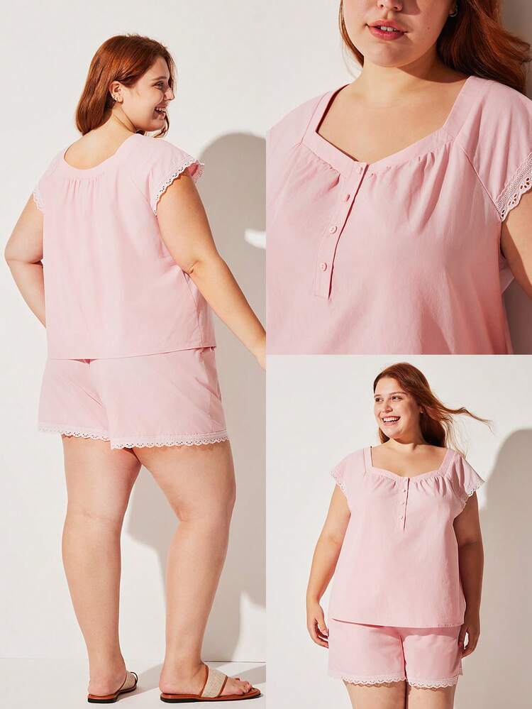 Ensemble de pyjama d'été pour femmes grandes tailles, 100% coton pur, blanc avec broderie florale et dentelle rose, Top à manches courtes avec boutons et short. Tenue décontractée et confortable, pantalon avec poches. Lingerie pouvant être portée à l'extérieur, assortiment de mariage