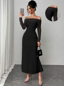 Firerie Damen Frühlings Elegant Romantisch Fashion Pendler Sexy Anmutiger Stil, geeignet für Party, Urlaub, romantisches Date und Geburtstags Hochzeitskleid Valentinstag, Netz Mesh Künstliche Perlen Dekor Off-Shoulder figurbetontes weißes Kleid