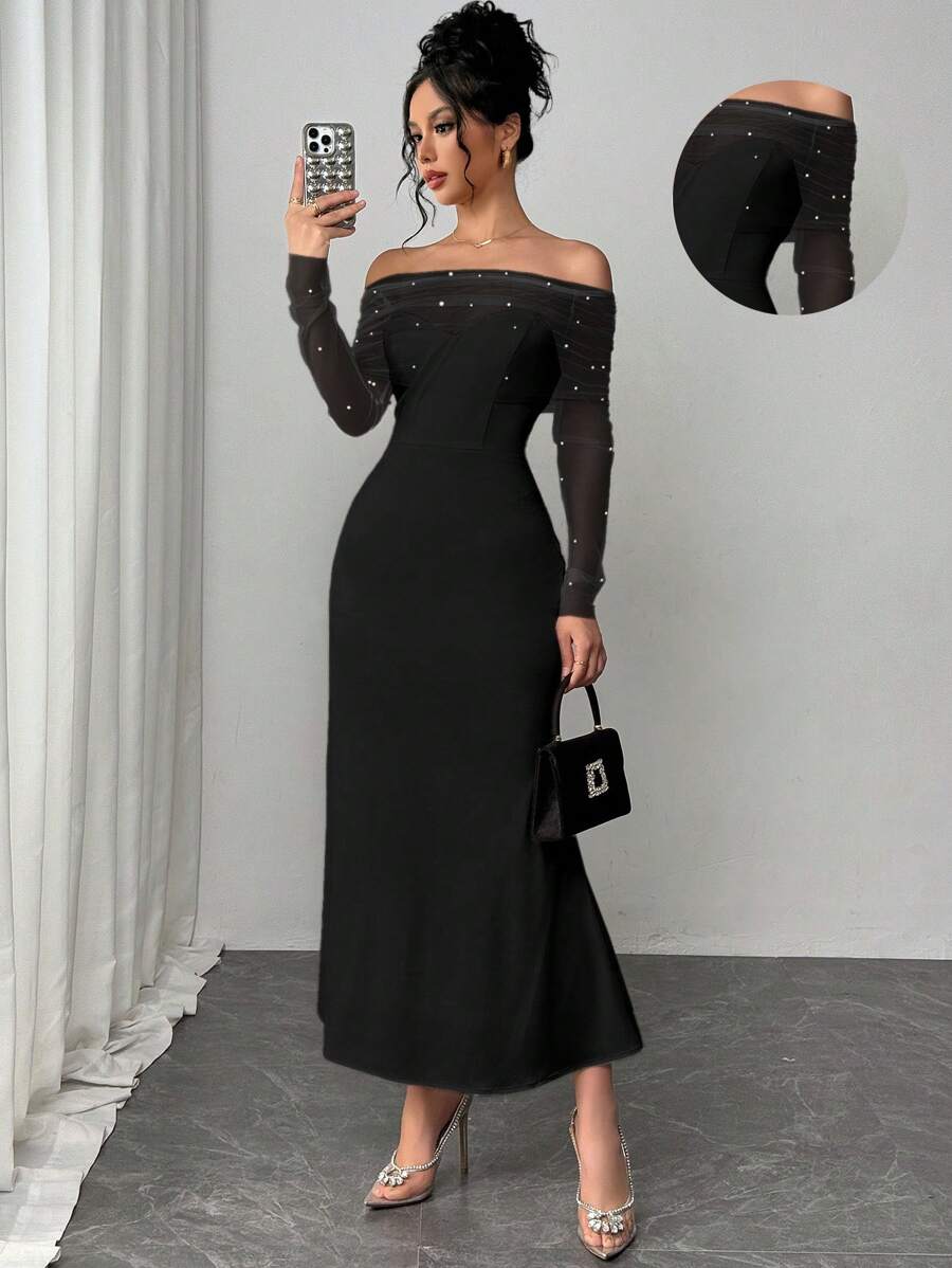 Firerie Damen Frühlings Elegant Romantisch Fashion Pendler Sexy Anmutiger Stil, geeignet für Party, Urlaub, romantisches Date und Geburtstags Hochzeitskleid Valentinstag, Netz Mesh Künstliche Perlen Dekor Off-Shoulder figurbetontes weißes Kleid