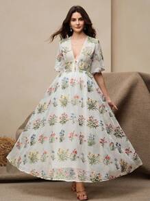 Anewsta Women Elegant Colorful Hollow Embroidered V-Neck Puff Sleeve Cinching Waist-Up Long Dress - White - View 4