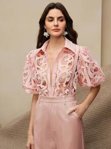 Anewsta Blusa transparente de manga corta con botones frontales y encaje de unicolor, sexy para el verano - Rosa - Ver 5