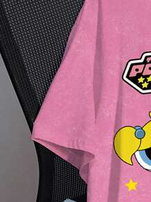 THE POWERPUFF GIRLS X SHEIN Plus Size Loose Fit Crew Neck Short Sleeve Pink T-Shirt, Casual Cartoon Cute Blossom Bubbles Buttercup Star Print Pattern, Comfortable For Summer Suitable For Going Out - White - View 4