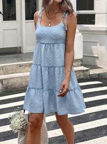 SHEIN LUNE 休闲女式镂空系带荷叶边蛋糕裙 女士夏季服装 毕业礼服 女士度假服装 女士沙滩服装 女士毕业礼服 女士商务休闲装 女士生日礼服 女士波西米亚风休闲装 女士度假礼服 波西米亚风女装 夏威夷服装 - 藍色 - 查看 6