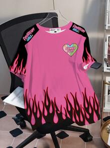 THE POWERPUFF GIRLS X SHEIN Plus Size Blossom, Bubbles, Buttercup Pattern Round Neck Short Sleeve T-Shirt