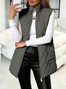 SHEIN Clasi Abrigo acolchado sin mangas con cremallera de unicolor, otoño/invierno - Verde Oscuro - Ver 6