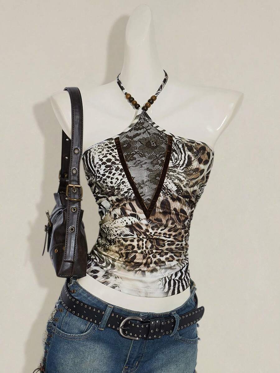 SHEIN ICON 女士豹纹和斑马纹蕾丝拼接吊带上衣 - 彩色 - 查看 1