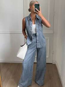 DAZY Women Washed Denim Collared Vest And Wide Leg Maxi Pants 2-Piece Set - Medium Wash - View 4