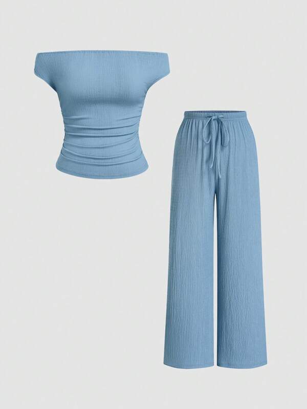 Sweetra 2 Stücke/Set Plissierte Große Größen Bluse, Off-Shoulder, weite Hose Set