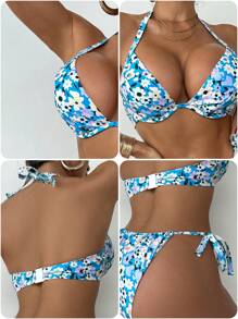 Swim DD+ Set de 2 piezas Bikini con top halter estampado y troncos de cintura baja para mujer - Multicolor - Ver 8