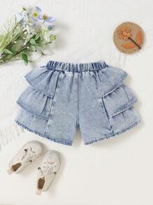Young Girls' Casual Patchwork Denim Shorts, Comfortable Fashionable Summer Holiday Vacation Daily Wear Girls Ruffle Denim Shorts - Light Wash - View 2