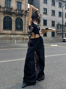 Coolane 女式拼接豹纹抽绳腰口袋宽腿宽松休闲裤 - 彩色 - 查看 5