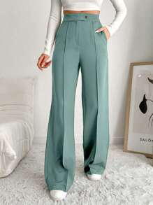 EURMUSE Quần âu ống rộng cạp cao màu trơn đơn giản dành cho nữ có thiết kế túi - Màu xanh Bạc hà - Xem 1