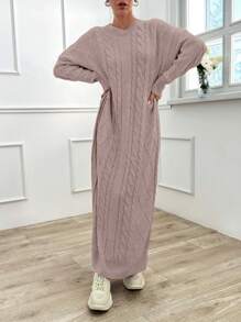 EURMUSE Women's Solid Color Round Neck Long Sleeve Simple Casual Dress - Baby Pink - View 7