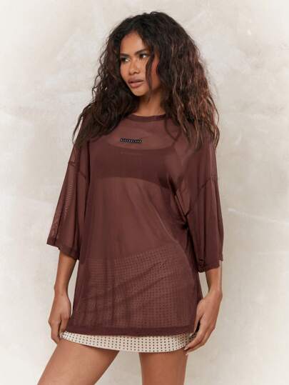 MISSGUIDED Sheer Mesh Oversized Long Sleeve Blouse Casual Fall Layering Top Festival Fashion Statement Piece Party Club Evening Wear