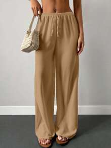 EURMUSE Solid Elastic Waist Wide Leg Trousers - Beige - View 4