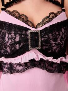 ROMWE J-Fashion Camiseta de tirantes para mujer con parches de encaje, decoración con diamantes y lazo estilo Gyaru glamoroso - Rosa - Ver 2