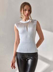 CLARA VERO Women Rib Knit Tinsel Detailed Sleeveless Knit Top - White - View 5