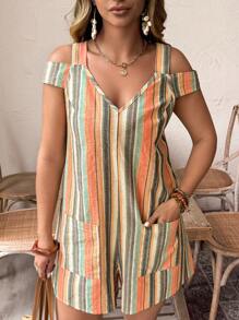 EMERY ROSE Bộ đồ liền thân vải họa tiết kẻ sọc hở vai không tay cổ chữ V cỡ lớn cho nữ, đi nghỉ thường ngày - trái cam - Xem 4