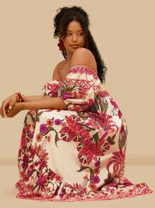Travachic Plus Size Tropical Print Off Shoulder Long Dress,Summer Dresses For Women - Orange - View 1