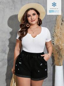 EMERY ROSE Shorts vaqueros casuales de talla grande para mujer con bajo enrollado y bordado