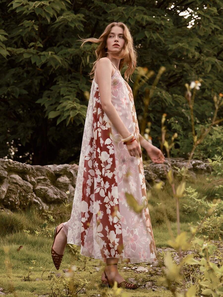 Lumivelle SummerHoliday Women's Fashionable European & American Style Flower Print Patchwork Loose Sleeveless Dress, Summer