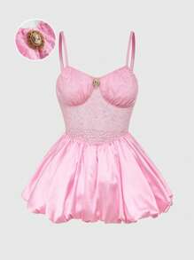 ROMWE Kawaii 卡哇伊宫廷风格缎面蕾丝拼布泡泡迷你裙连衣裙，性感细肩带 - 粉色 - 查看 1