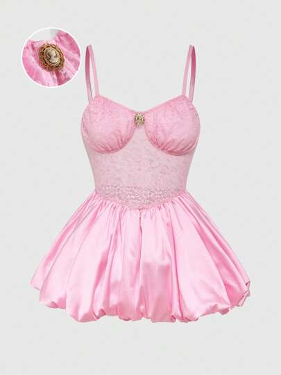 Kawaii Palace Style Satin Lace Patchwork Bubble Mini Skirt Dress, Sexy Spaghetti Strap