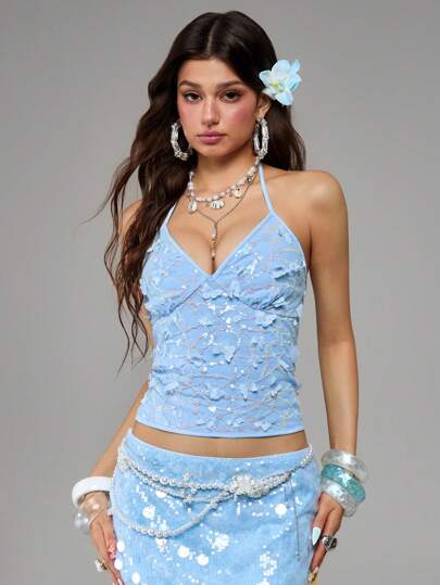 Kawaii Women's Vintage Floral Garden Embroidered Lace 3D Butterfly Halter Neck Tank Top