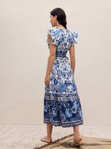 Modelyn Women's Shirred Cap Sleeve Self Tie Waist Long Floral Print Dress For Vacation, Women Casual Dress, Woman S Summer Clothes,Vacaciones Relax,Summer Dresses For Women,Vacation Outfits Woman,Bohemian Clothes,Vacation Outfits