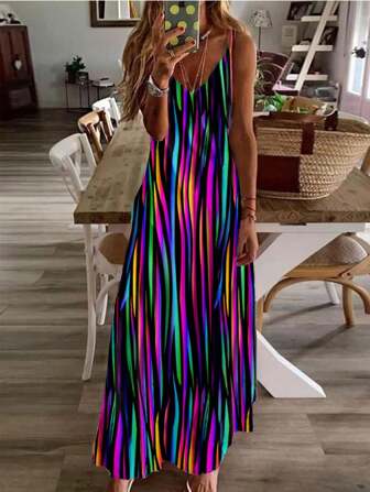 EMERY ROSE Women's Colorful Ombre Striped Pattern Stretchy Casual Holiday Tank Dress, Lightweight And Suitable For Summer Vacation Vacation Dress,Boho Clothes Women