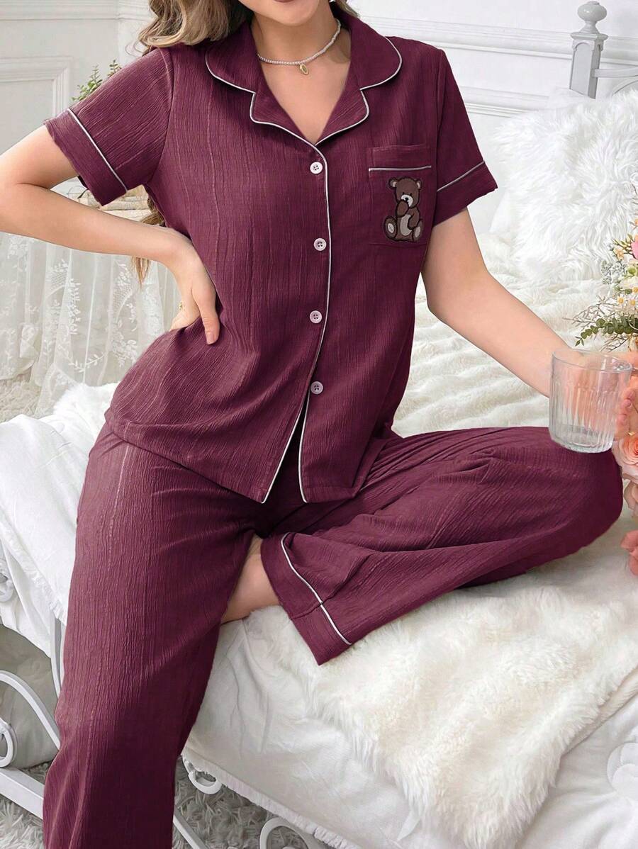 SHEIN Women's Embroidered Bear Pocket Contrast Trim Short Sleeve Top And Pants Pajama Set - Redwood - View 1