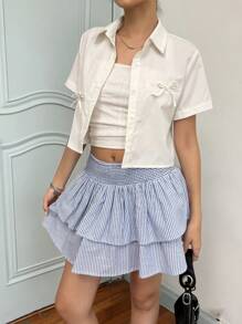 SHEIN Teen Girl Casual Minimalist Comfortable Striped Ruffle Hem Short Skirt