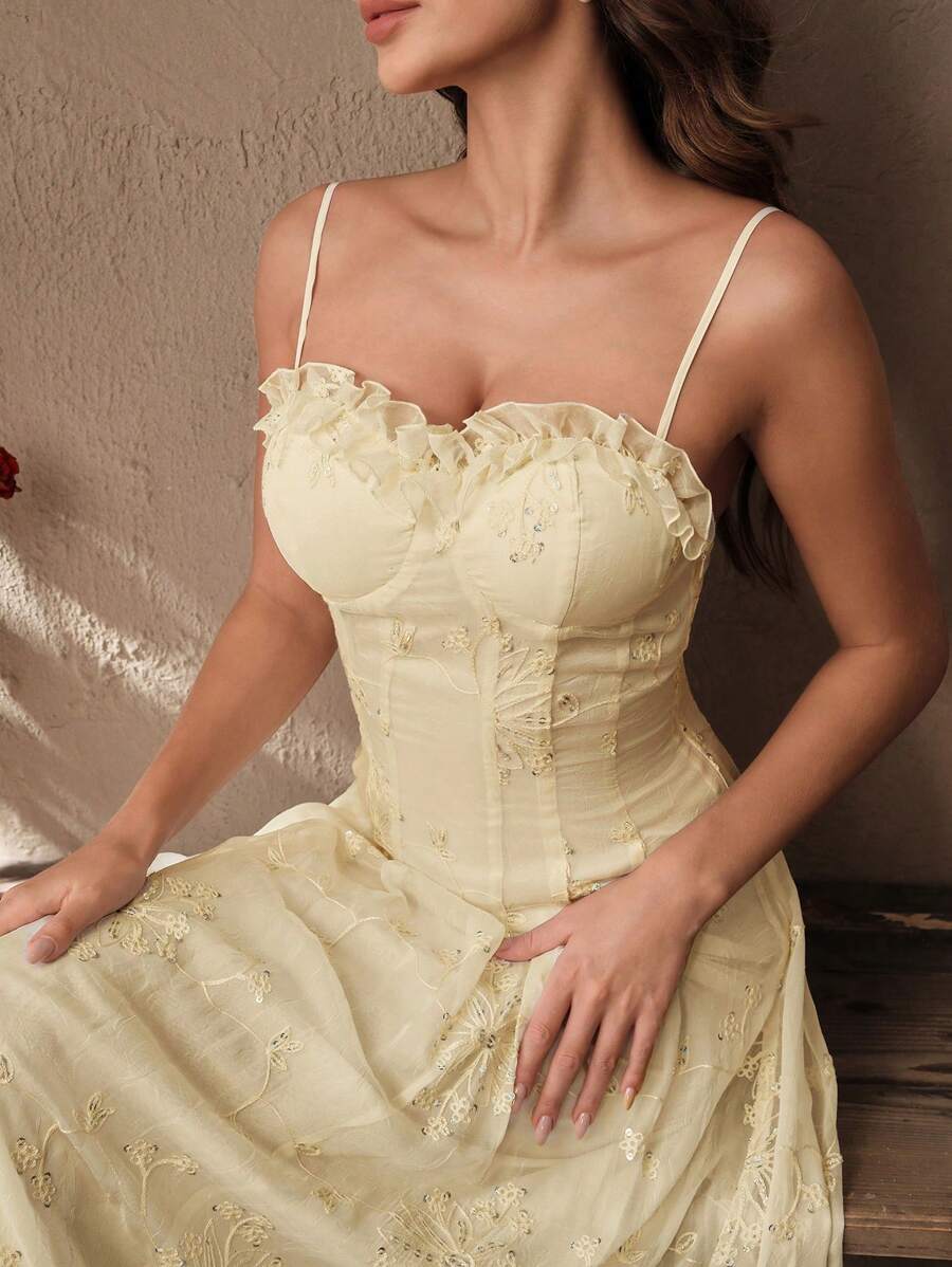 Savoree 时尚法式透明亮片面料无袖连衣裙，荷叶边装饰，收腰，及踝长，浅黄色，适合春夏季 - 黃色 - 查看 1