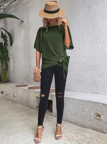 SHEIN LUNE Batwing Sleeve Knot Side Blouse - Army Green - View 3