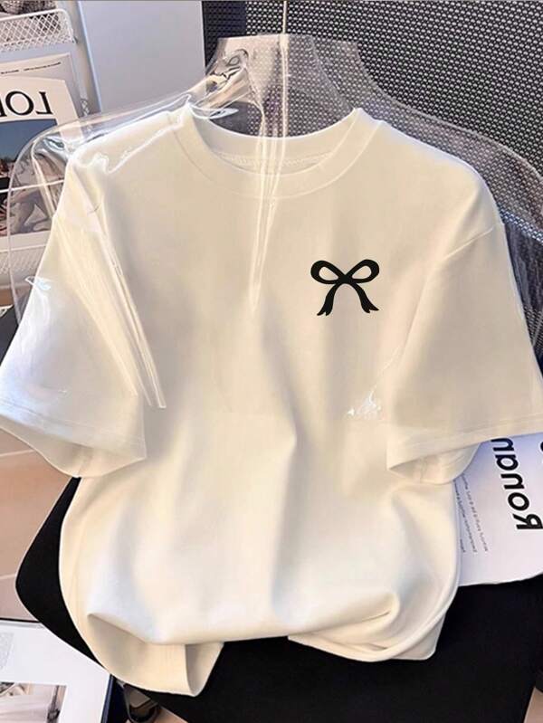 Bow Print Casual Fitted Short Sleeve Knit T-Shirt For Women
