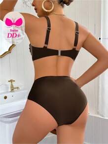 Swim DD+ 1 Set Women's Solid Color Spaghetti Strap Swimsuit With Triangle Swim Bottoms, Fashionable For Summer