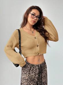 SHEIN PETITE White Lantern Sleeve Button Front Rib Knit Cardigan - Khaki - View 7