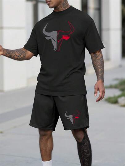 Manfinity Homme 2pcs Casual Men's Bull Print Short Sleeve T-Shirt & Shorts Set