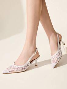 CUCCOO CHICEST 女士尖头白色蕾丝花网优雅仙女风格婚礼派对踝带细高跟鞋