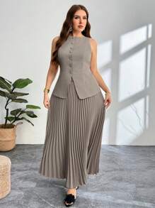 Firerie Plus Size Women's Commuter New Faux Pocket Decor Boat Neck Khaki Valentine's Day Office Lady Chic Commuter Elegant High Street Blazer Vest, Blazer & Pleated Skirt 2 Pieces Set/Valentine's Day/Concert/Performance Costumes/Dating/Senior Banquet/Dance/Wedding Season/Sexy/Elegant/Commuting/Back To School Season/Vacation/Beach/Elegant Romance/Office Enchantress/Siren Style/Birthday Party Outfits,Business Casual Woman,Old Money Style Women/Teacher Outfits For Women/Back To School /School Clothes