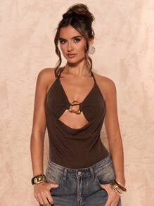 SHEIN BAE Summer Shades Of Brown 70's Club Night Party Disco Halterneck Metal Buckle Elegant Tight Bodysuit,Coffee Brown Music Festival Vacation Clothing - Brown - View 5