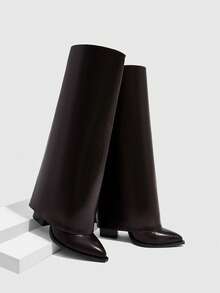 CUCCOO SZL Botas altas por la rodilla con tacón grueso y puntera fina para mujer, botas estilo montar sexy para señoras - Café integral - Ver 3