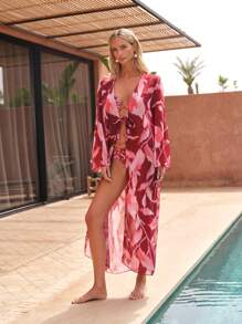 Maija Women's Red Woven Fabric Tie Front Long Cover Up With Deep V Neck And Long Sleeves, Perfect For Vacation - Red - View 1