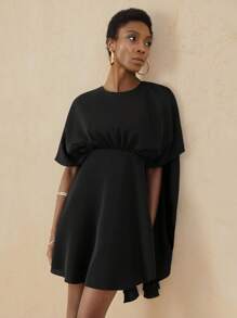 Vesra 女式圆领短袖蝙蝠腰迷你连衣裙，梭织面料，优雅修身休闲百搭连衣裙