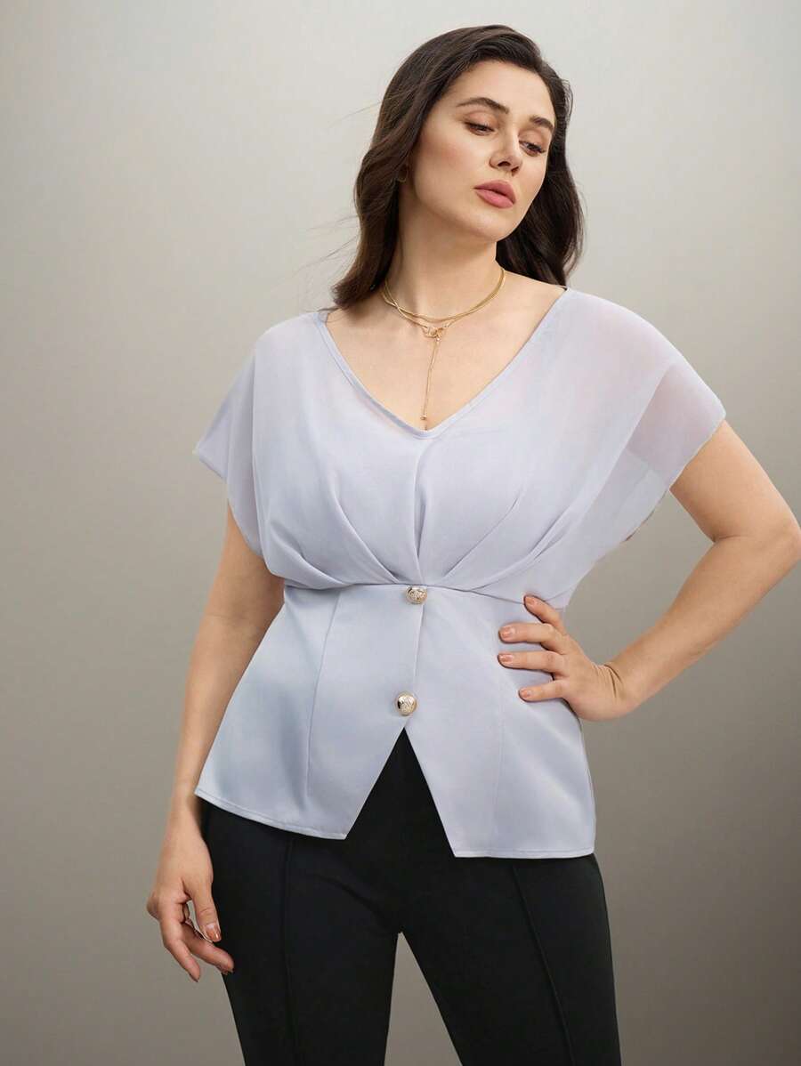 SHEIN Clasi Plus Size Women Satin & Satin Splicing V-Neck Gathered Waist Blouse, Elegant For Party And Work Summer Vacation Wedding Vintage - Blue - View 1