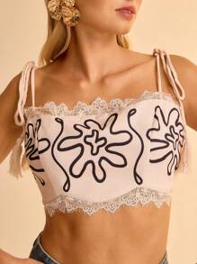 CAJUNI Bohemian Holiday Leisure Floral Print Lace Trim Tassel Tie-Up Cropped Camisole For Women - Apricot - View 5